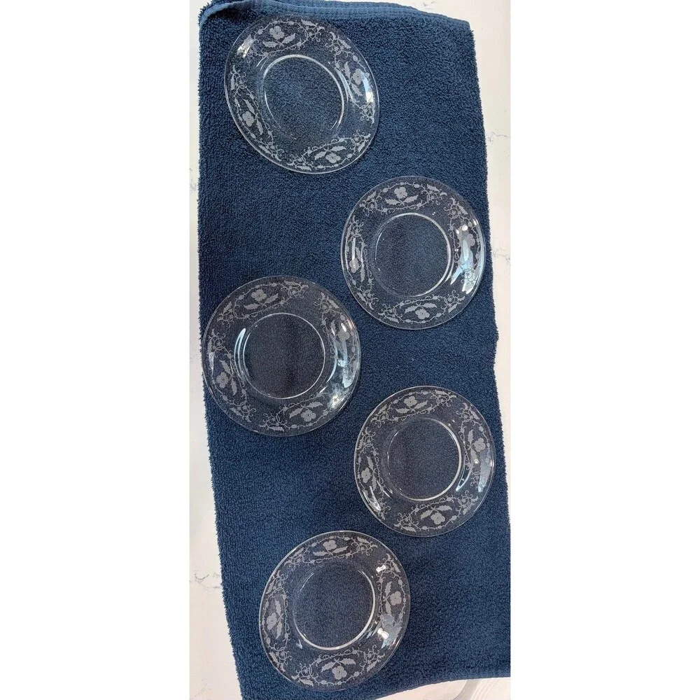 Set of 5 Vintage Clear Glass Etched Floral Salad / Dessert Plates (7-Inch)